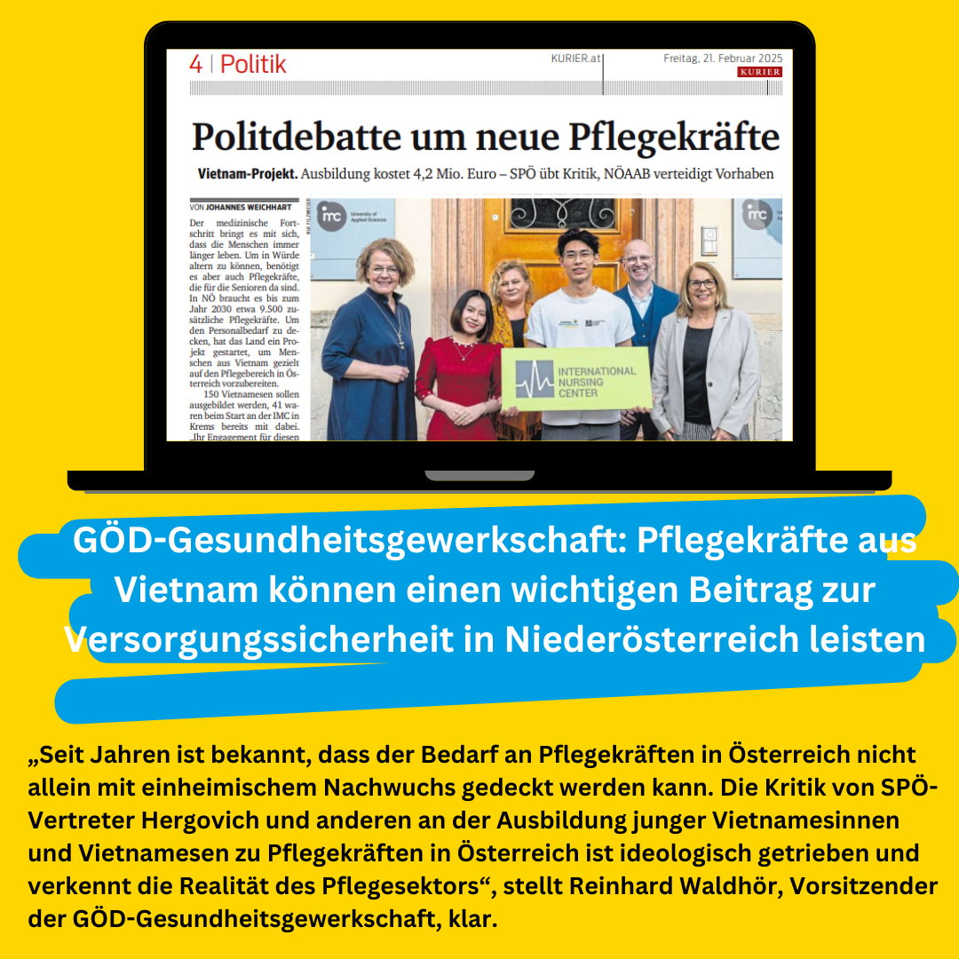 GÖD-Gesundheitsgewerkschaft: Pflegekräfte aus Vietnam können einen wichtigen Beitrag zur Versorgungssicherheit in Niederösterreich leisten