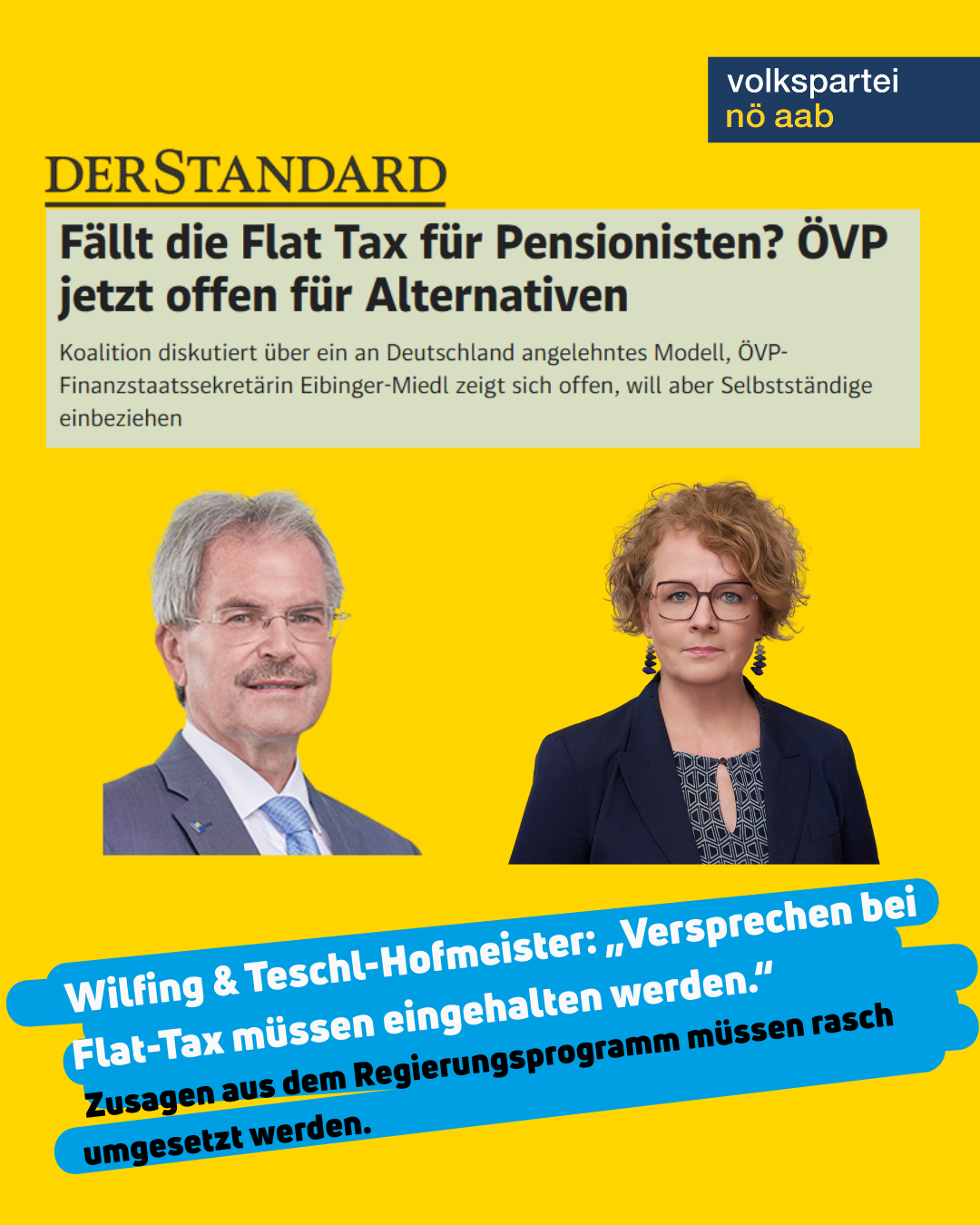 Wilfing & Teschl-Hofmeister: „Versprechen bei Flat-Tax müssen eingehalten werden.“